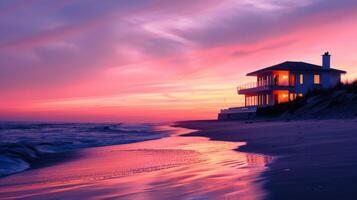 Golden hues illuminate the shoreline as waves gently kiss the sandy beach photo