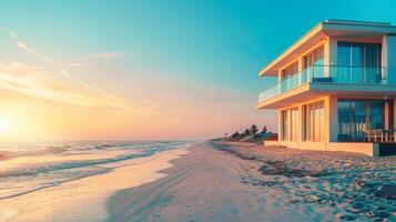 Golden light casts a tranquil glow on waves lapping the shore photo