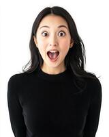 A joyful young woman with a surprised expression stands, sharing her excitement photo