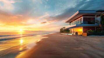 Waves gently lap against the shore as the sun sets on the horizon photo