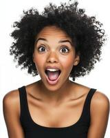 A joyful woman surprises everyone with her cheerful expression photo