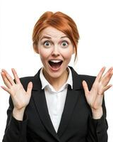 A cheerful woman in a suit celebrates an exciting moment with enthusiasm photo