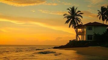 Warm hues illuminate the sky as waves gently kiss the sandy shore photo