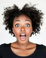 A woman displays a surprised expression with wide eyes and an open mouth photo