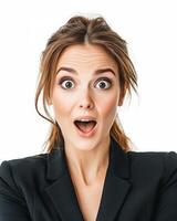 A woman displays shock and excitement with her eyes wide open photo