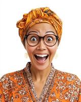 Her bright smile and colorful attire radiate happiness and energy photo