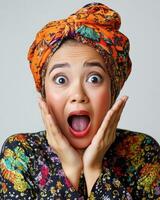 Brightly dressed woman shows wide-eyed astonishment with hands on her face photo