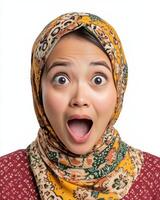 A woman gasps in shock, her eyes wide and mouth open in disbelief photo