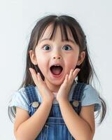 A delighted girl with open eyes and a bright smile shows her excitement photo