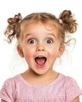A joyful girl with pigtails happily shows her excitement and delight photo