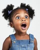 A delighted girl expresses surprise with wide eyes and an open mouth photo