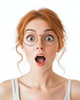A young woman with red hair reacts in surprise with wide eyes and an open mouth photo