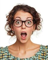 Joyful woman reacts with astonishment and excitement, her eyes wide with wonder photo