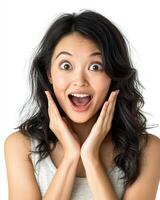 Delightful surprise radiates from her joyful expression and vibrant energy photo