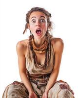 A woman with surprised expression sits, adorned in handmade attire and accessories photo