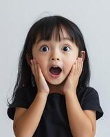 A joyful child shows surprise with a wide-eyed expression and hands on cheeks photo