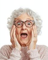 An older woman joyfully reacts with a surprised expression and open hands photo