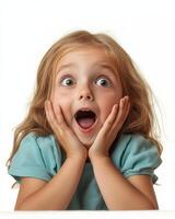 A young girl shows her excitement with a surprised expression and open hands photo