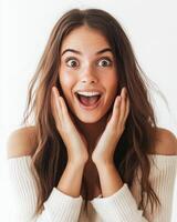 A young woman showcases her excitement with a beaming smile and wide eyes photo