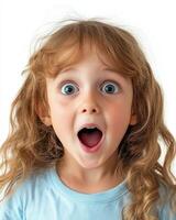 A child beams with excitement, mouth open in joyful amazement photo