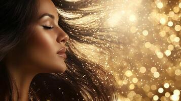 Brazilian woman with smooth hair enjoys a moment in a glittering backdrop photo