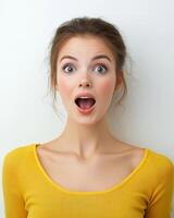 A woman shows a joyful expression of astonishment with wide eyes photo