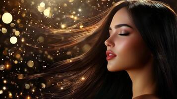 A graceful woman enjoys the shimmering warmth of enchanting lights photo