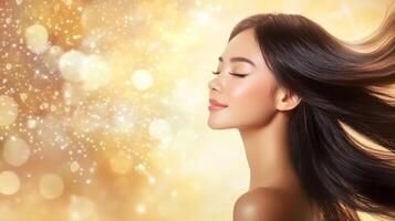 A beautiful Thai woman basks in the golden glow of a tranquil evening photo