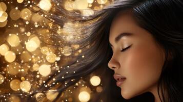 A mid-age woman enjoys a tranquil moment with flowing hair against shimmering lights photo