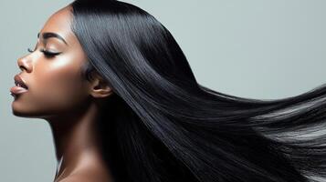 A beautiful model gracefully displays her smooth, flowing hair in an enchanting manner photo