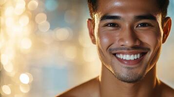 A confident young man exudes charm with a warm smile against soft lights photo