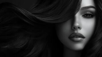 A striking woman exudes elegance with her flowing hair and captivating gaze photo
