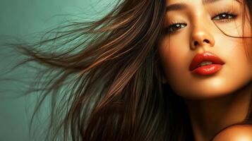 A stunning model exudes grace as her hair flows gently in the breeze photo