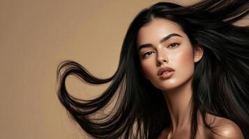 A stunning model elegantly displays her long, smooth hair in a creative pose photo