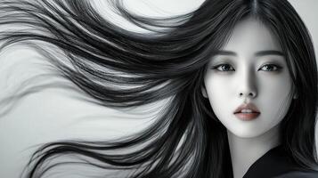 A Japanese woman showcases elegance with her flowing hair and captivating gaze photo