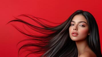 Model exudes confidence with her luxurious hair flowing gracefully around her photo