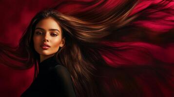 A stunning model showcases her luxurious hair in a captivating pose photo