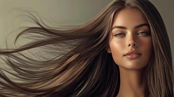 A stunning model showcases her smooth hair and striking features gracefully photo