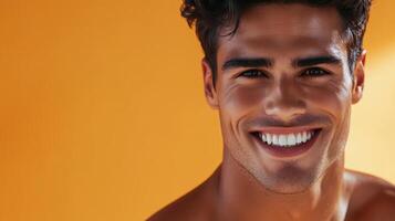 A handsome model beams joyfully with a warm, inviting smile photo