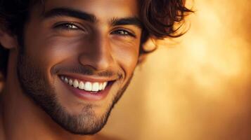 A young man with striking features beams warmly, radiating confidence and charm photo