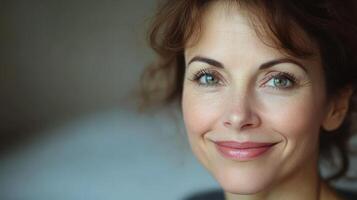 A joyful mid-age female model with a radiant smile and expressive eyes photo