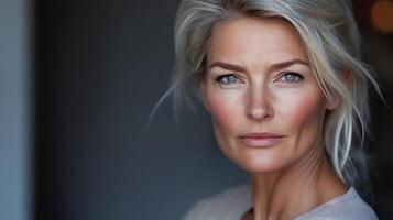 A mid-age woman with striking features gazes intensely with confidence photo