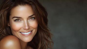 A stunning woman smiles warmly, showcasing her natural elegance and poise photo