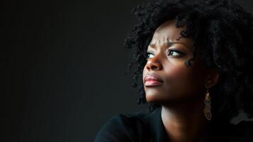 A middle-aged woman gazes thoughtfully, revealing her inner turmoil amidst shadows photo