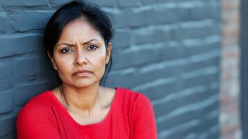 A pensive woman leans against a wall, reflecting deep emotions in her expression photo