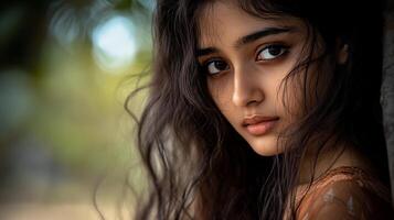A young model with flowing hair gazes thoughtfully at the viewer, exuding elegance photo
