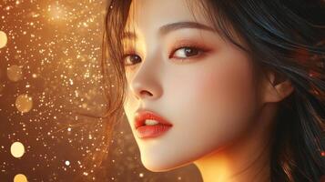 A stunning model emanates elegance in radiant, sparkling golden ambiance photo