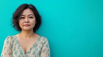 A mid-aged female model expresses sadness with a contemplative gaze photo