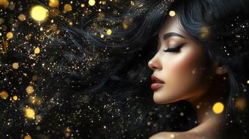 A graceful model showcases her beauty against a shimmering backdrop photo