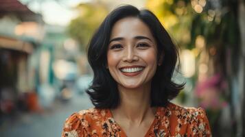 A mid-age woman with a bright smile stands in a lively outdoor setting photo